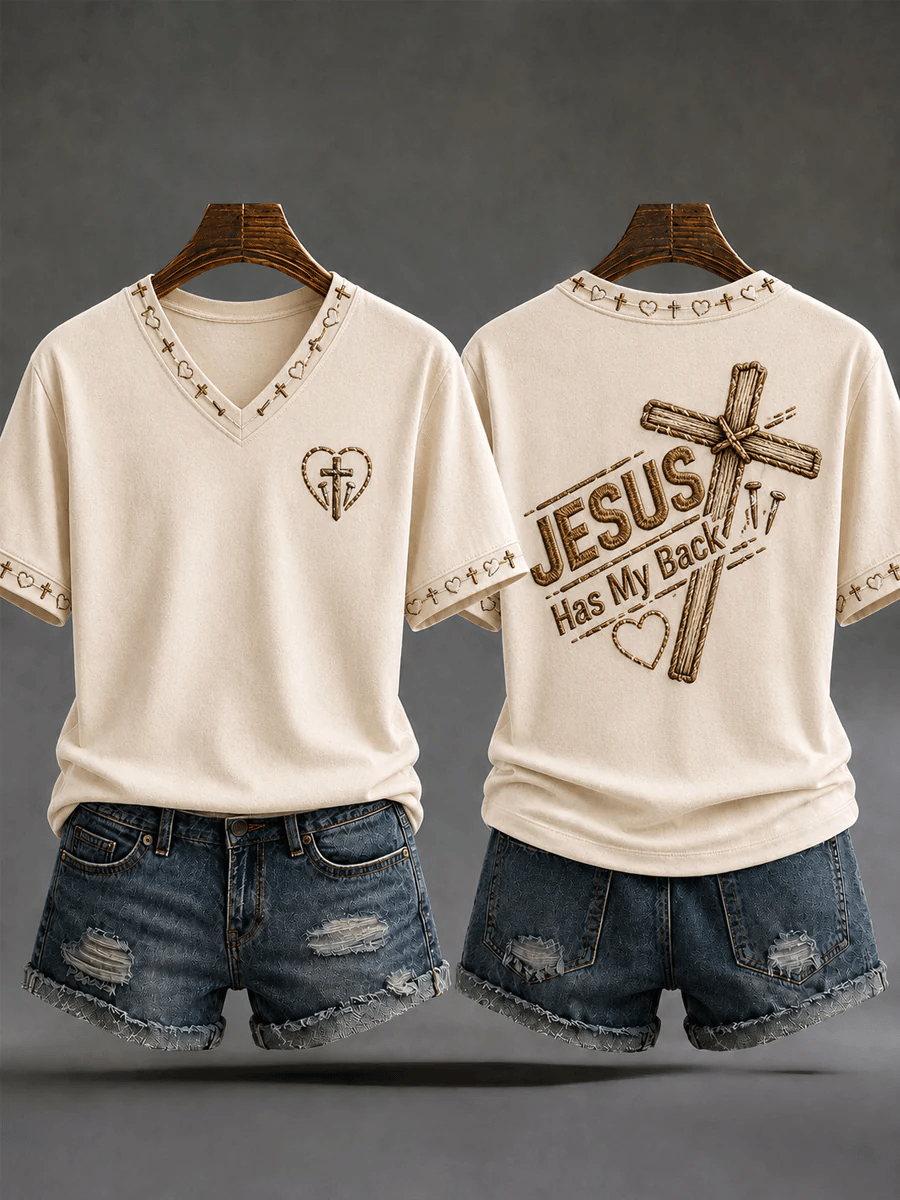 Women's  Retro  Jesus Has My Back Christian Cross Print T-shirt