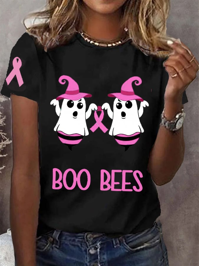 Women's Pink Halloween Ghost Save The Boo Bees Breast Cancer Awareness Warrior Tee