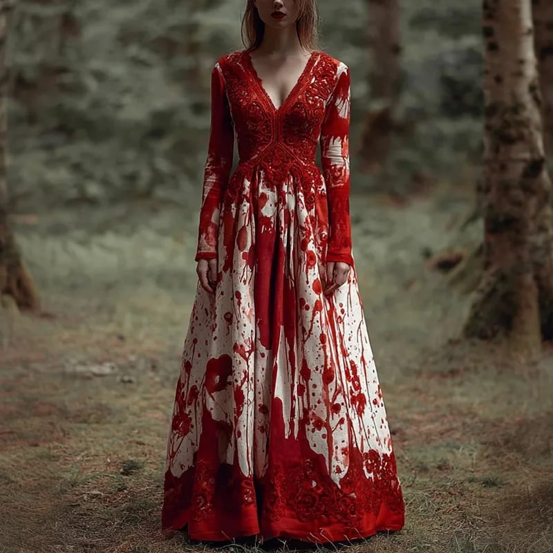 Women's horror bloodstained lace patchwork long skirt