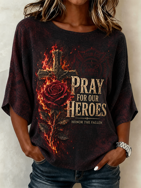 Women's Vintage Rose Cross Pray For Our Heroes T-Shirt