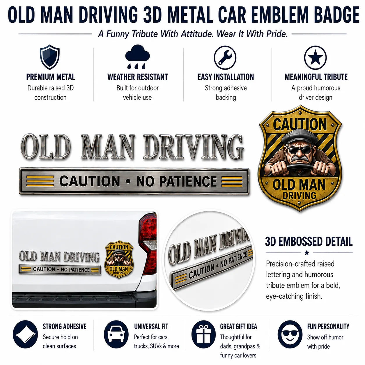 ⚠️ Old Man Driving Caution No Patience Metal Car Emblem Badge