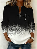 Women'S Casual Faith-Themed Christmas Print Long-Sleeved Zip-Up Top