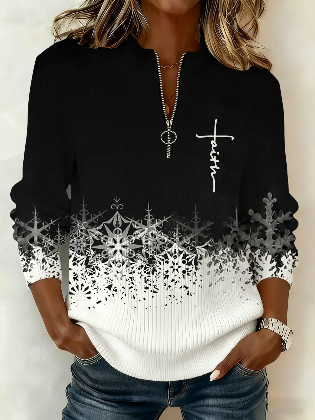 Women'S Casual Faith-Themed Christmas Print Long-Sleeved Zip-Up Top