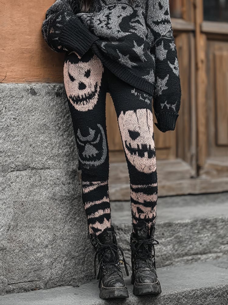 Women's Halloween Retro Patchwork Ghost Face Print Leggings