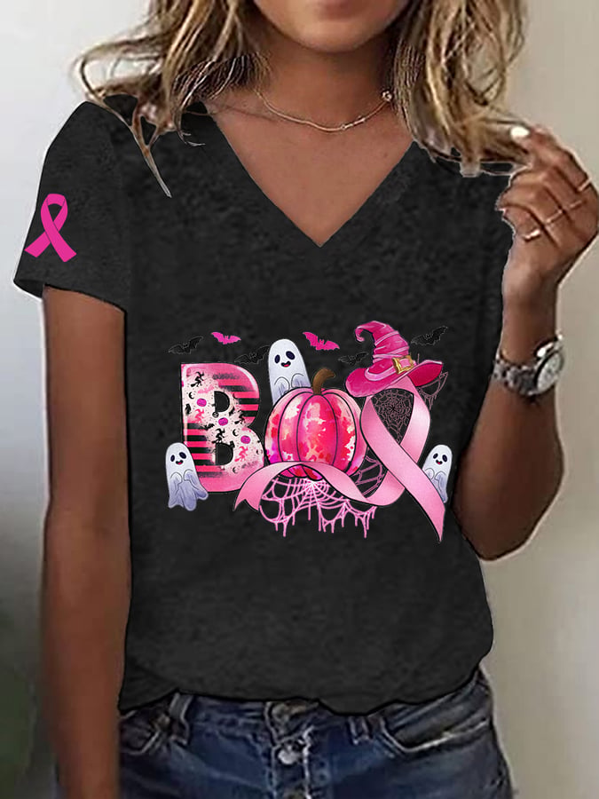 Women's Breast Cancer Awareness Boo Scale Away Breast Cancer Pink Ribbon Pumpkin Ghost Print T-Shirt