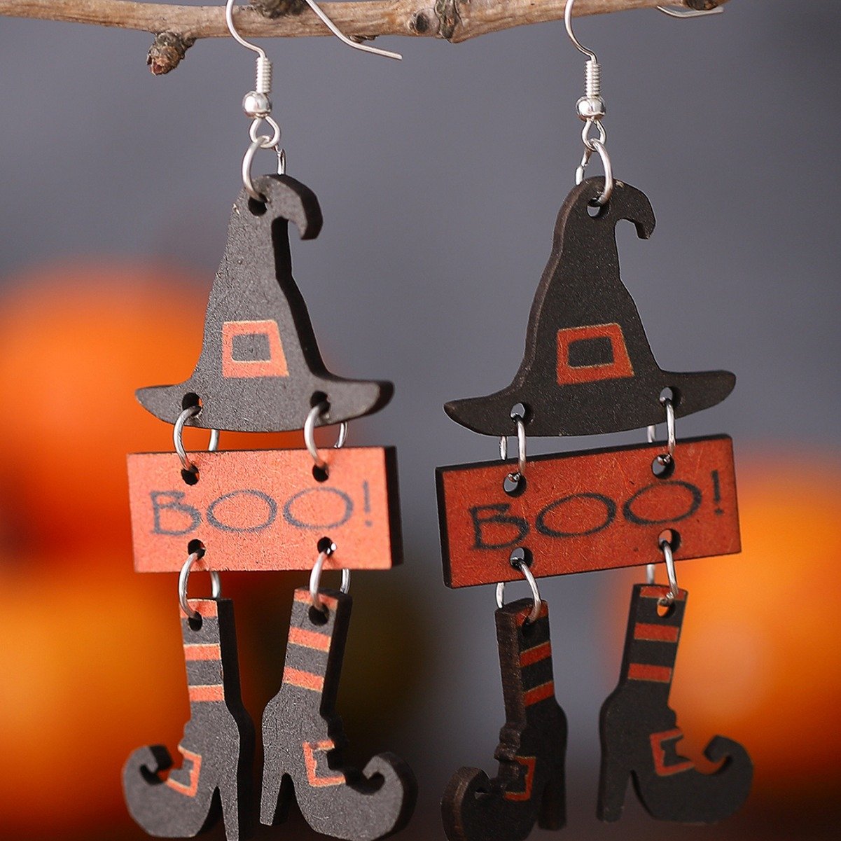 Women's Halloween Witch Boots Wood Earrings