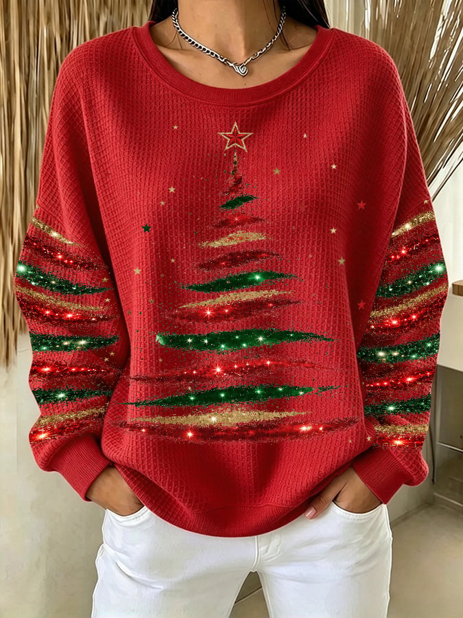 Women's Casual Printed Waffle Long-Sleeve Top