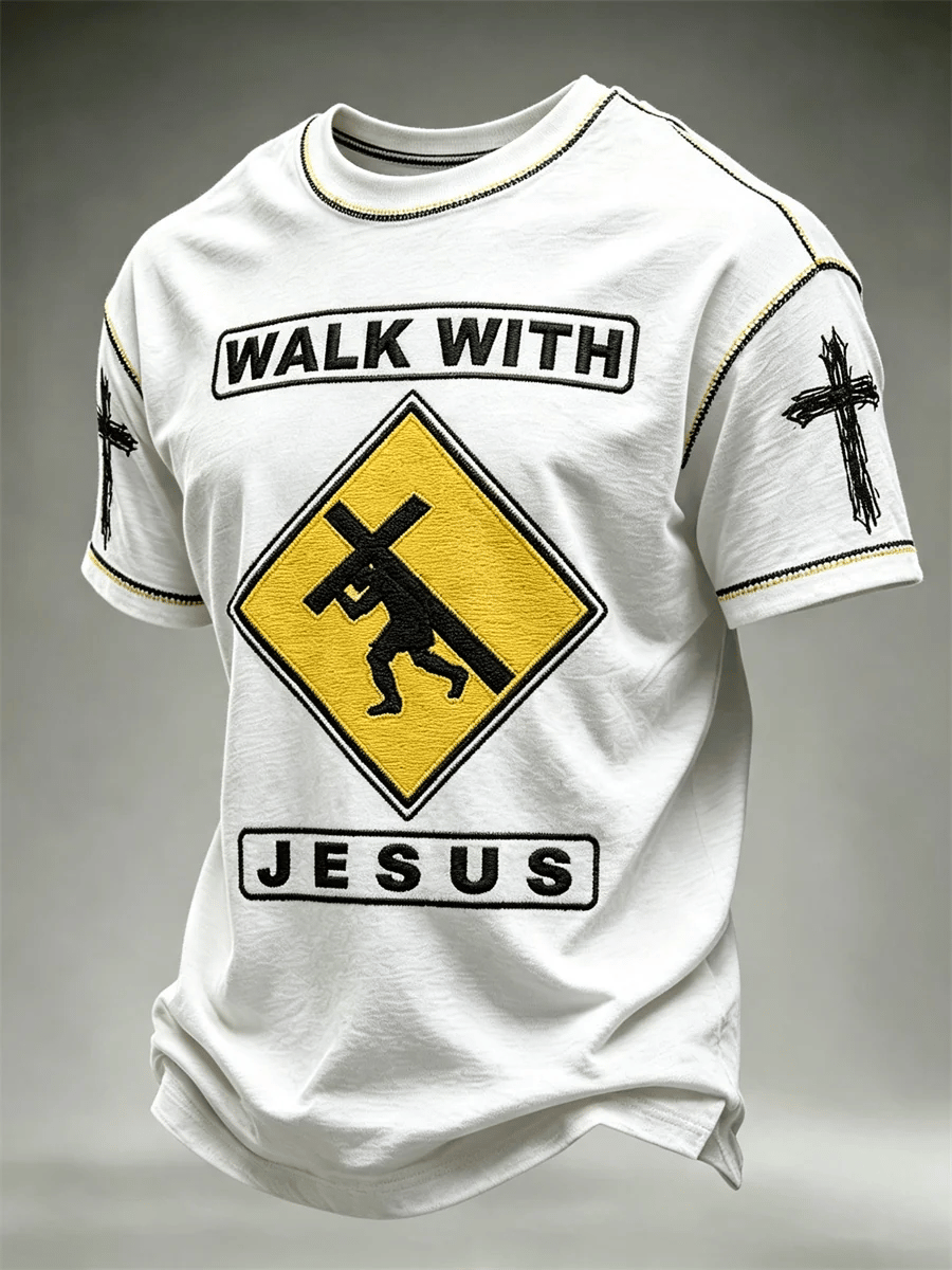 Men's Walk with Jesus Funny Road Sign Print short sleeves t-shirt