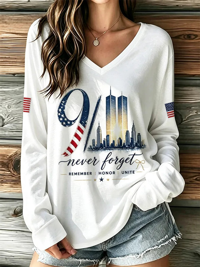 🕯️Women's "Never Forget 9/11" Pattern Comfortable V-Neck Retro T-Shirt