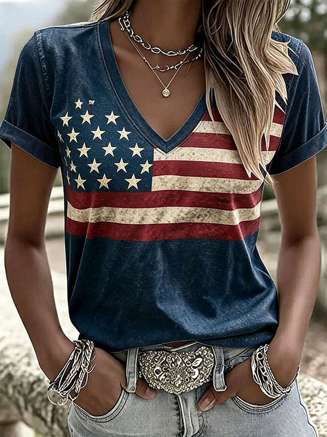 Women'S America Flag Print Casual V-Neck T-Shirt