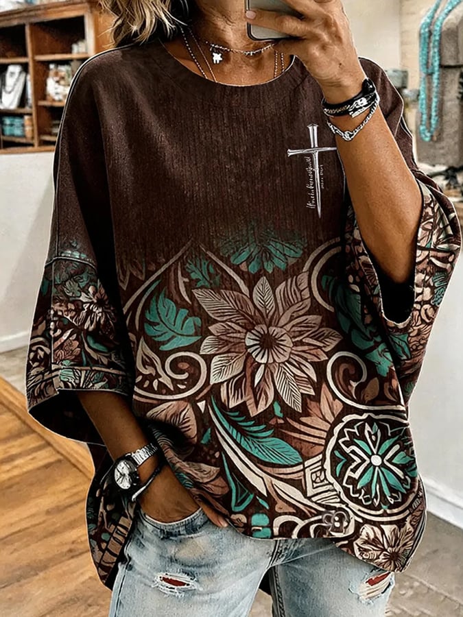 Women's Vintage Western-Style Faith Print Casual Sweatshirt