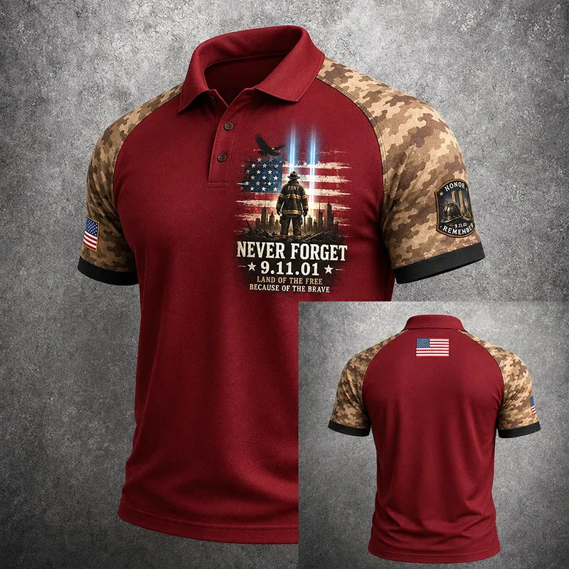 Never Forget 9/11 2001 Memorial Patriotic Red Polo Shirt Camouflage Sleeve Tribute