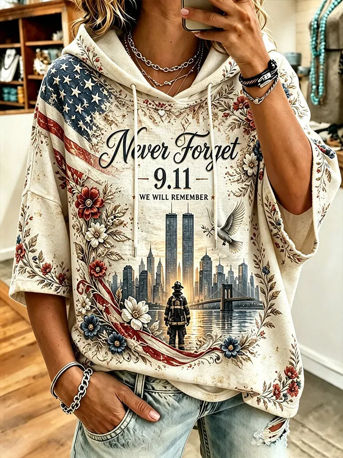 🕯️Women's Retro  9.11 Never Forget Print  Hooded Sweatshirt