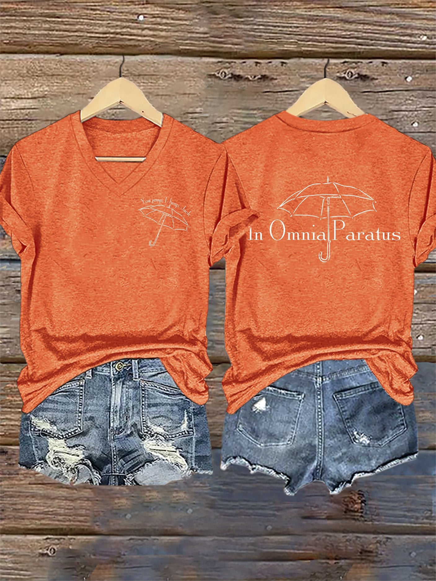 🔥HOT SALE🔥V-Neck Retro Fall You Jump, I Jump, Jack In Omnia Paratus Print T-Shirt