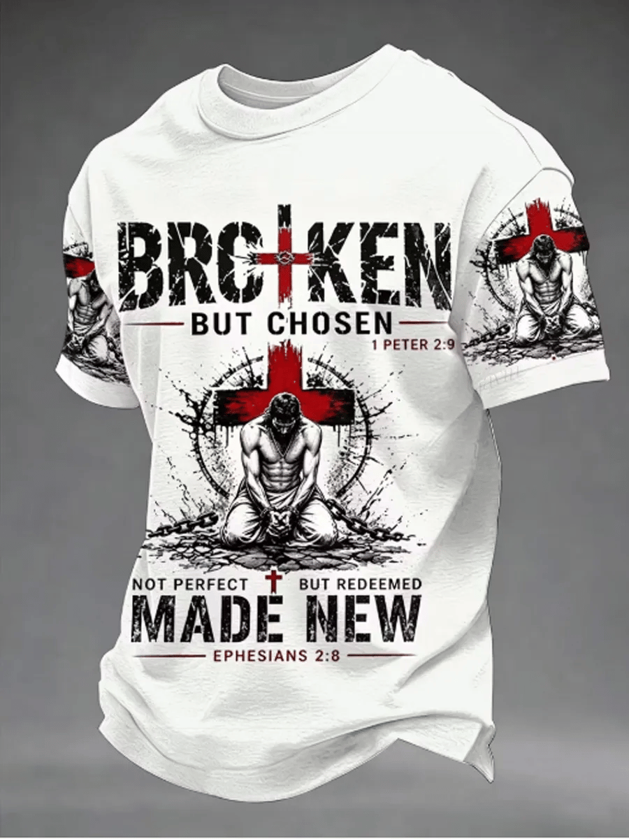 Men'S Christian Cross "Broken But Elected" Printed T-Shirt