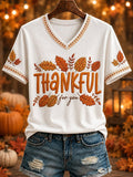 Women's “HAPPY Thanksgiving” Printed V-neck T-shirt