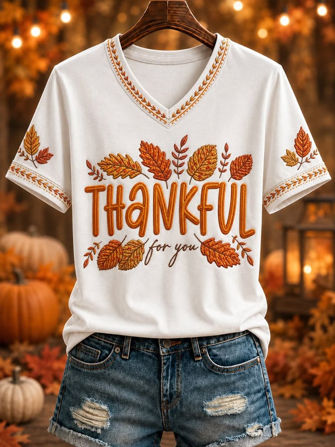 Women's “HAPPY Thanksgiving” Printed V-neck T-shirt