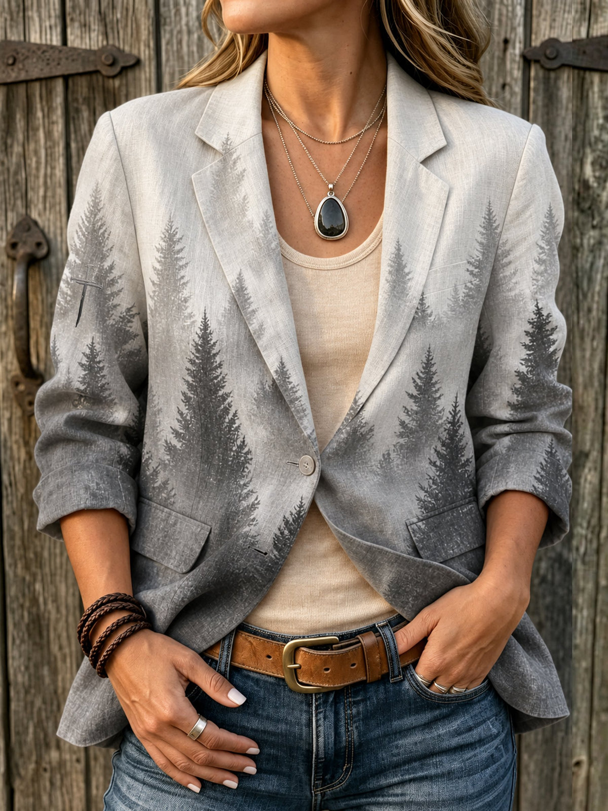 Women's Vintage Forest-Print Faux-Linen Jacket