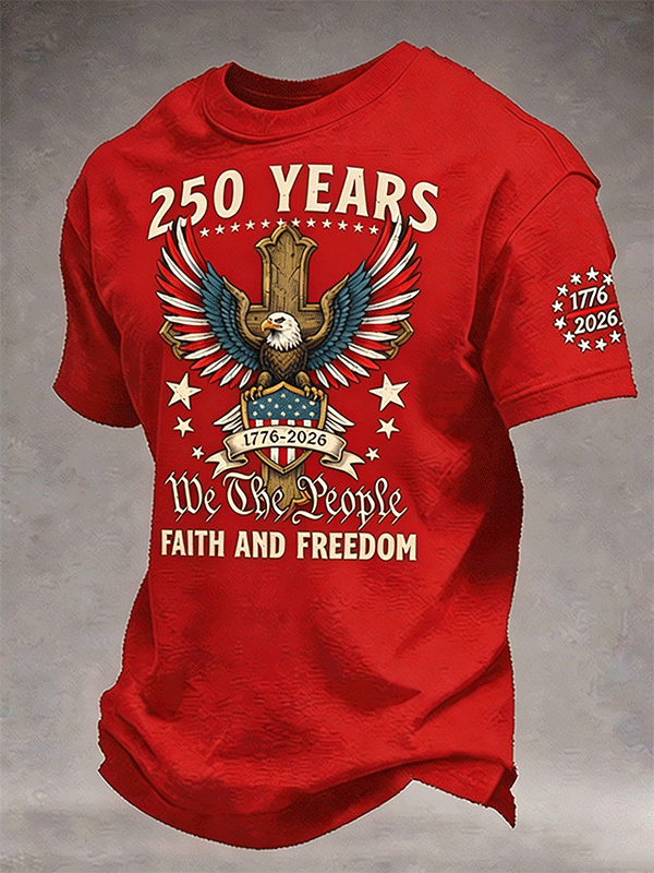 Men's 250 Years We The People Faith Freedom Eagle Cross 1776-2026 Vintage T-Shirt