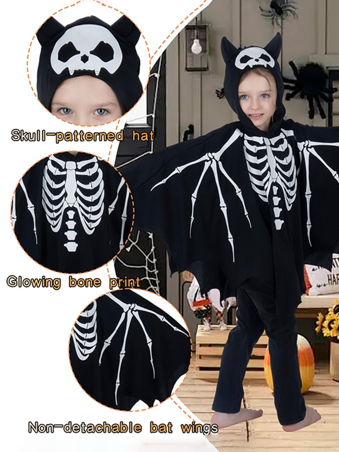 🔥HOT SALE🔥Boys and Girls Universal Bat Skull Luminous Halloween Hooded Cape