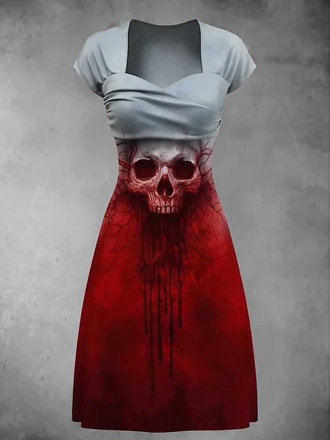 Women's Retro Skull Art Print V Neck Dress
