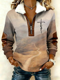 Women'S Casual Retro Faith-Inspired Print Patchwork Long-Sleeved Sweatshirt With Fur Collar