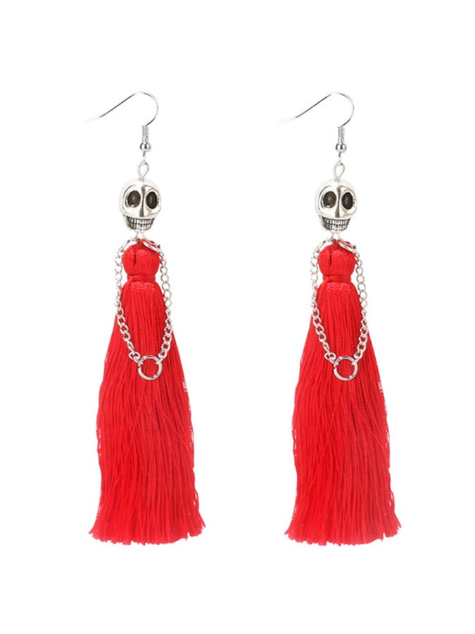 Halloween Skull Tassel Statement Earrings