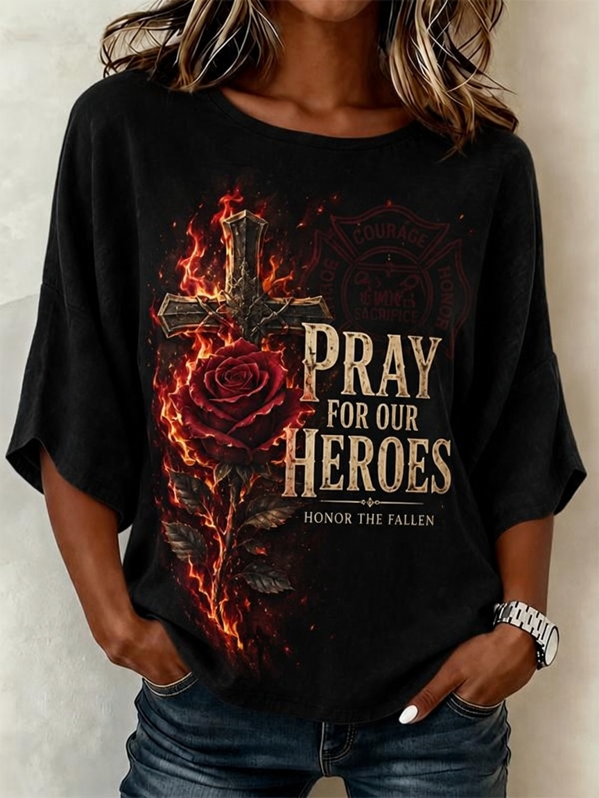 Women's Vintage Rose Cross Pray For Our Heroes T-Shirt