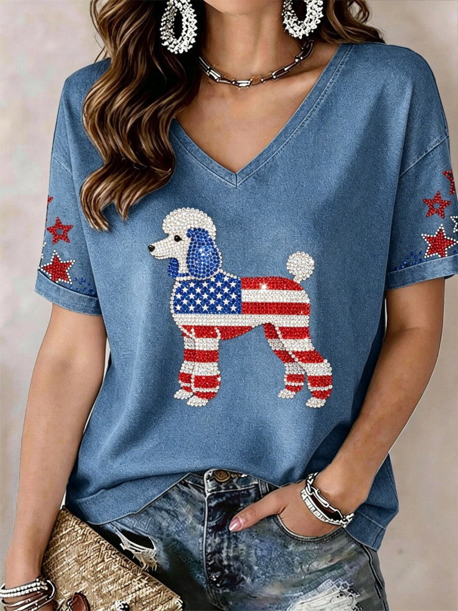 Women's Lovely Poodle Dog Rhinestone Pattern V-Neck T-Shirt