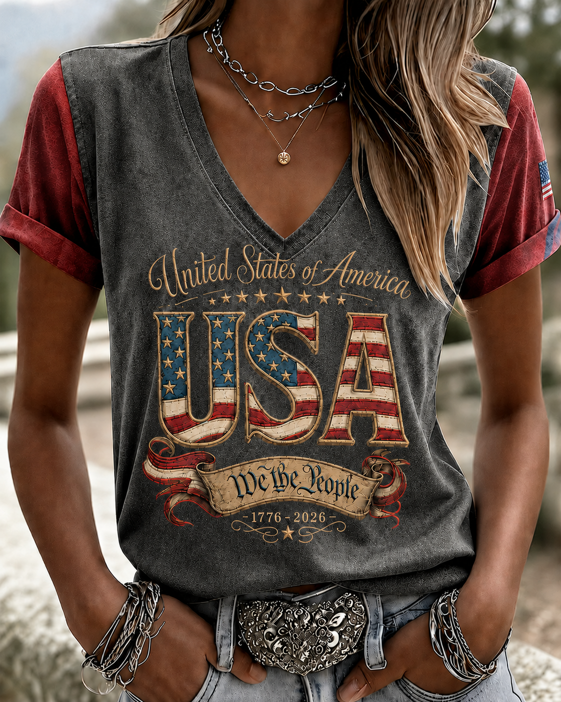 Women'S Retro Flag Art Printed Casual Short Sleeved T-Shirt
