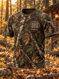 Men's Vintage Jungle Leaf Camo Print Crew Neck Waffle-Knit Top