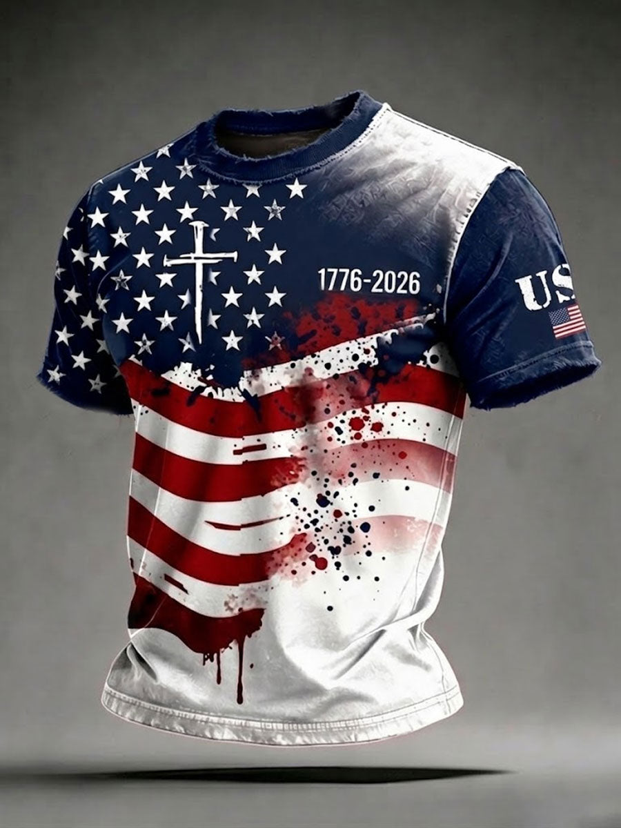 Men'S 250Th Anniversary American Flag Cross Printed Retro T-Shirt