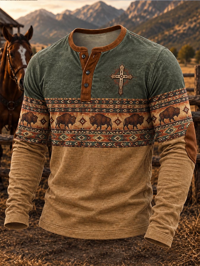 Men'S Casual Western-Style Printed Top
