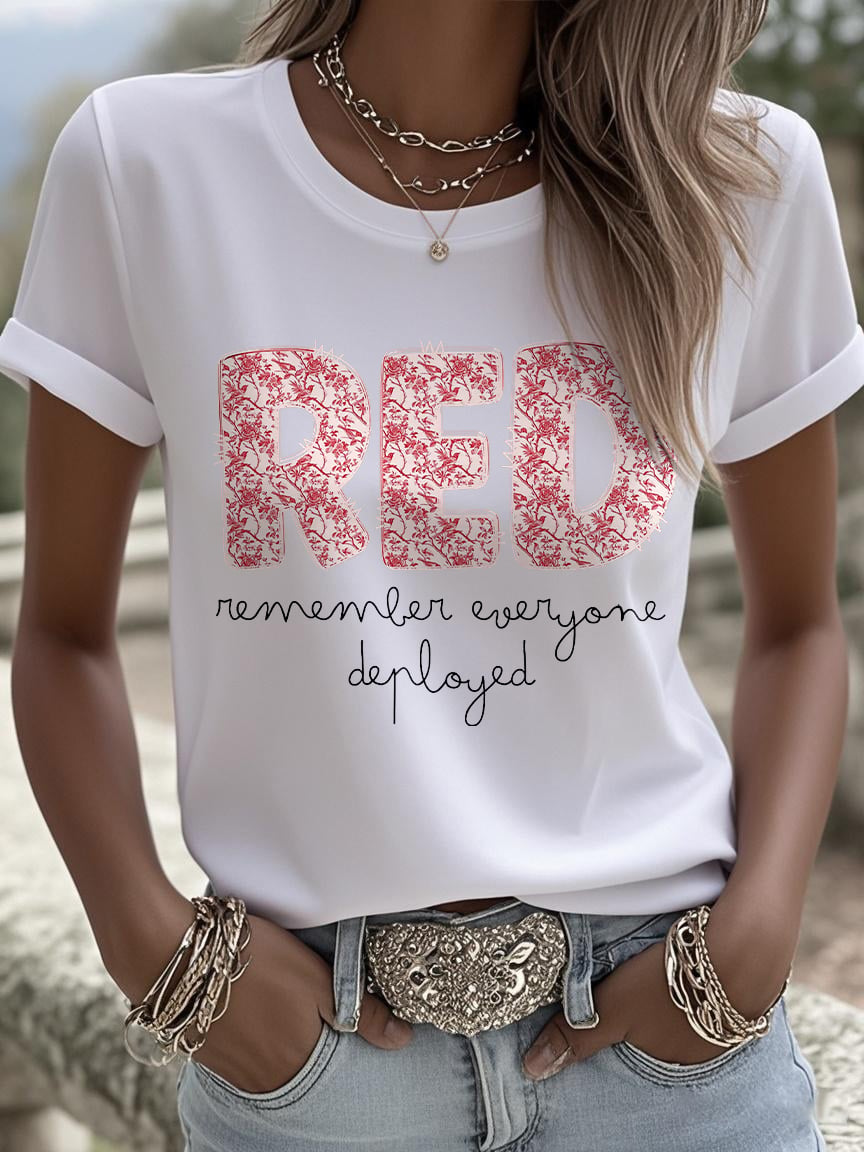 Women's On Fridays We Wear RED Remember Everyone Deployed Print T-shirt