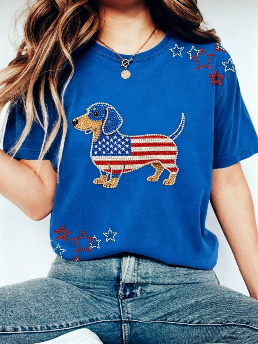 Women's Lovely Dachshund Rhinestone Pattern T-Shirt