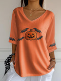 Women's Pumpkin Embroidery Print Casual Round Neck Three-quarter Sleeves