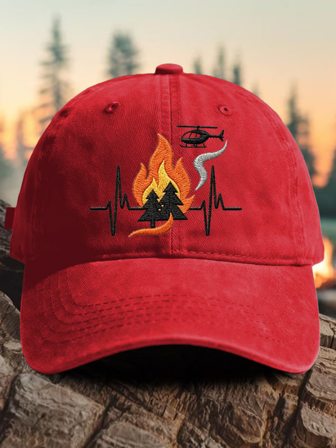 Retro Wildland Firefighter Heartbeat Fireline Flame & Helicopter Print Baseball Cap