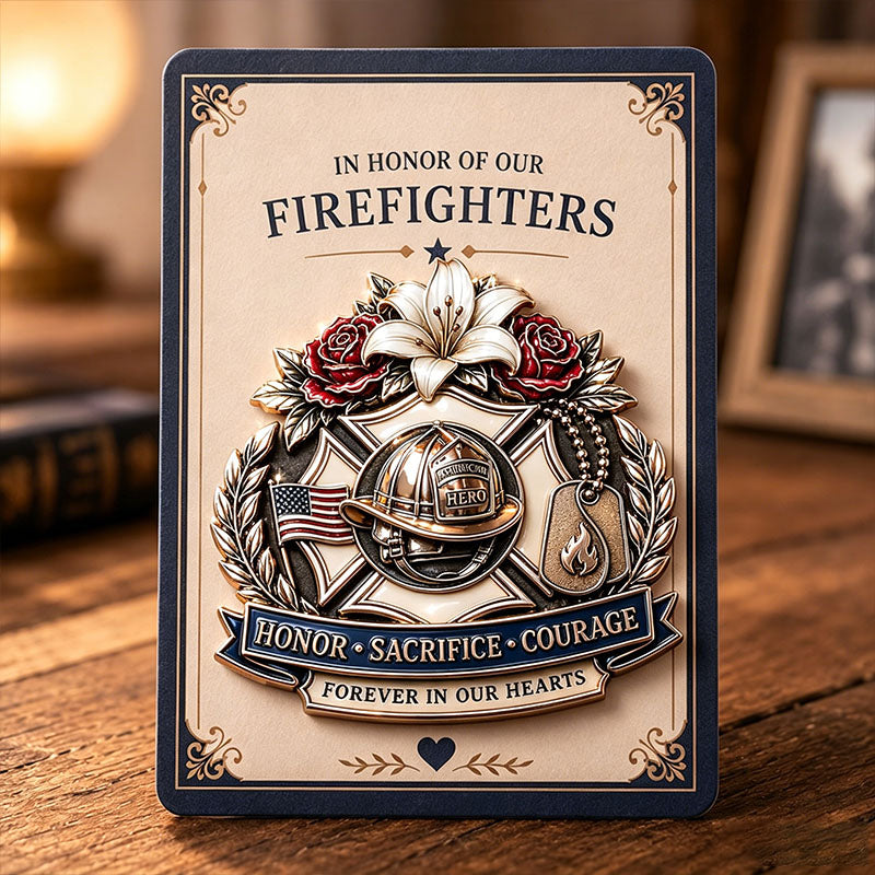 “Honor • Sacrifice • Courage – Forever in Our Hearts” FDNY Firefighter Memorial Brooch Pin | Hero Tribute Badge with Helmet & Lily Design