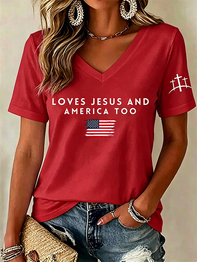 Women'S Love Jesus And America Too Print Printed T-Shirt