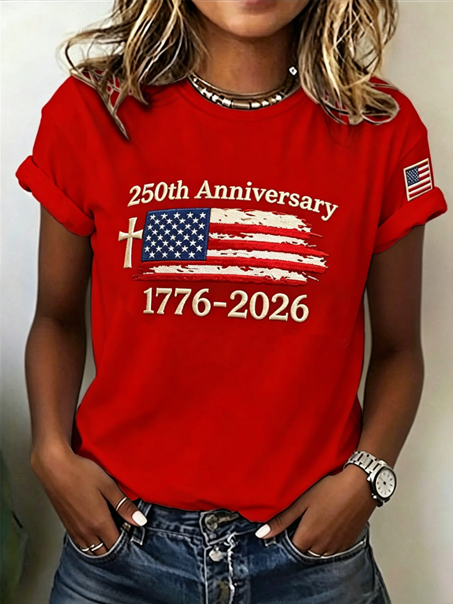 Ladies' Casual Round Neck American 250Th Anniversary Print T-Shirt