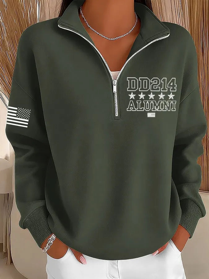 Women's Veterans Print Zip-Up Stand Collar Sweatshirt