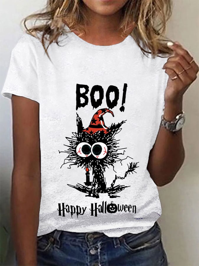Women's Funny Halloween Boo Black Cat T-shirt