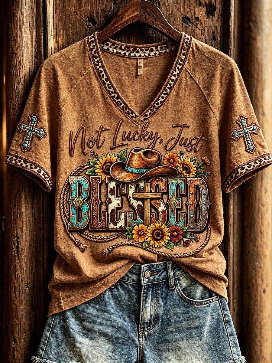 Women's Not Lucky Just Blessed Western Cross Print short sleeve T-shirt