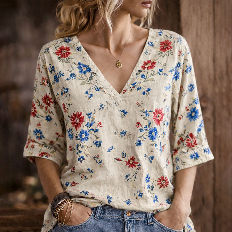 Women's Red and Blue Floral Print Casual V-Neck 3/4 Sleeve