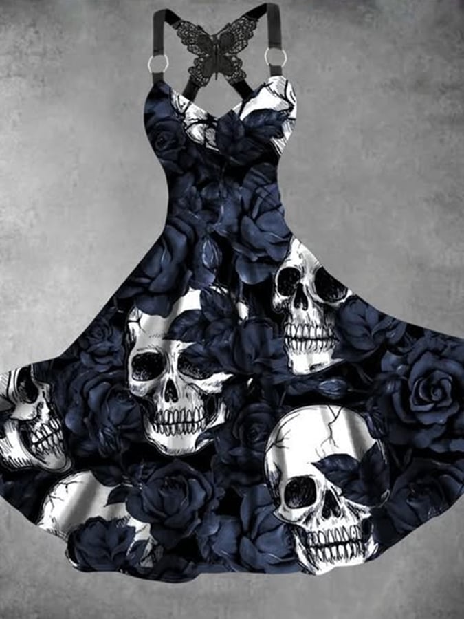 Women's Blood Stain Skull Floral Suspender Dress