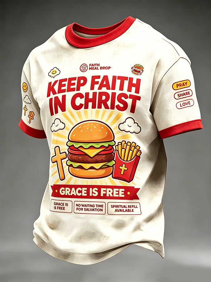 Men'S Casual Fun Faith-Print Crew-Neck T-Shirt