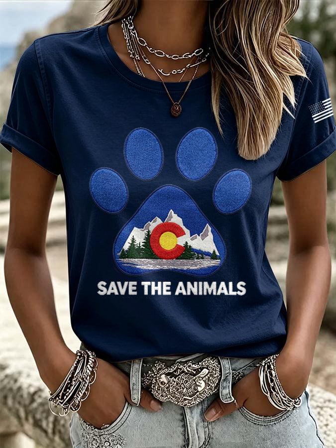 Women'S Retro Save The Animals Print T-Shirt