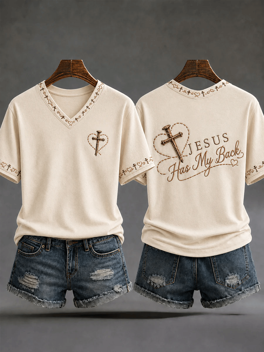 Women's  Retro  Jesus Has My Back Christian Cross Print T-shirt
