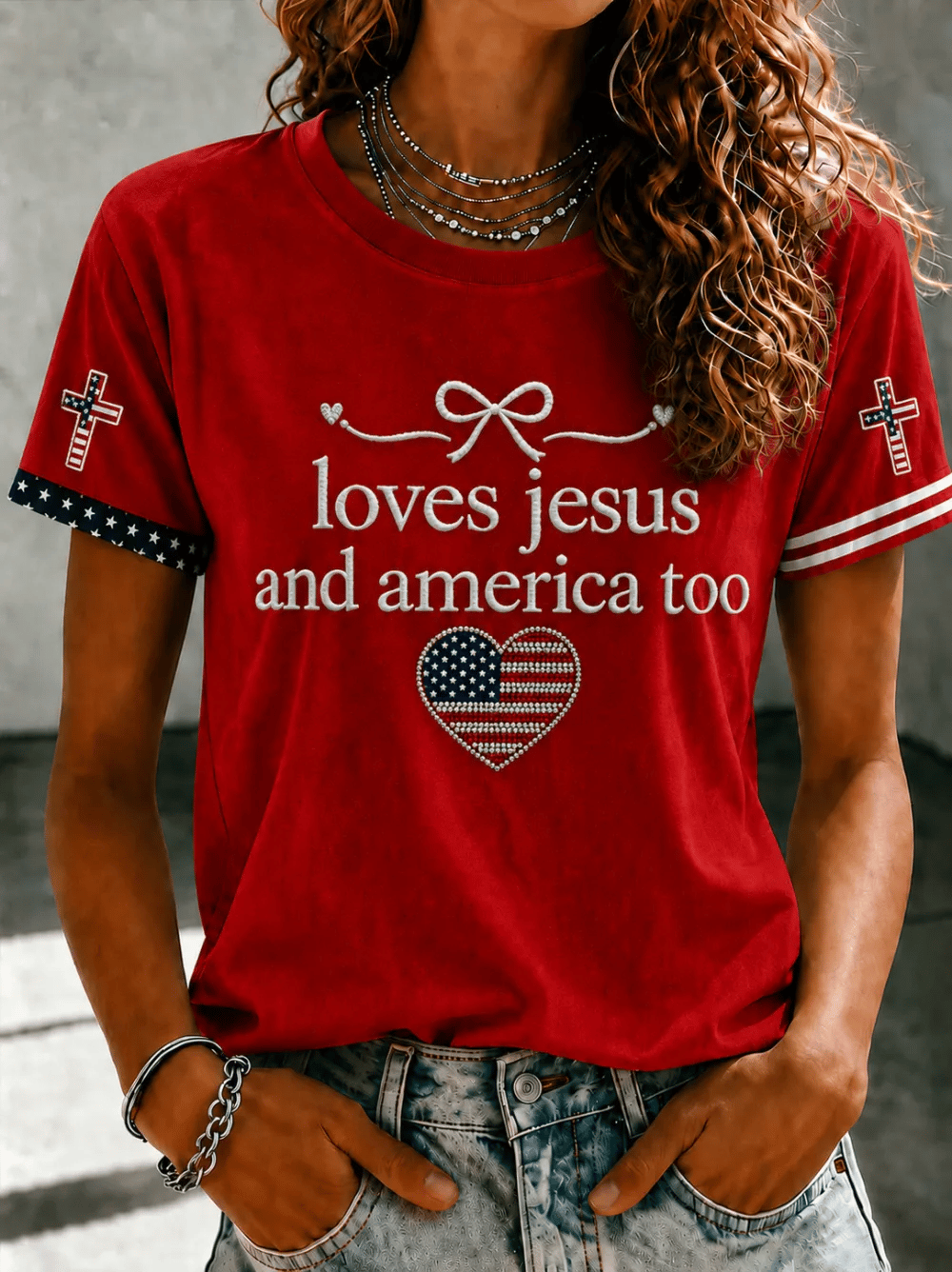 Women's RetroLove Jesus And America Too Print T-shirt