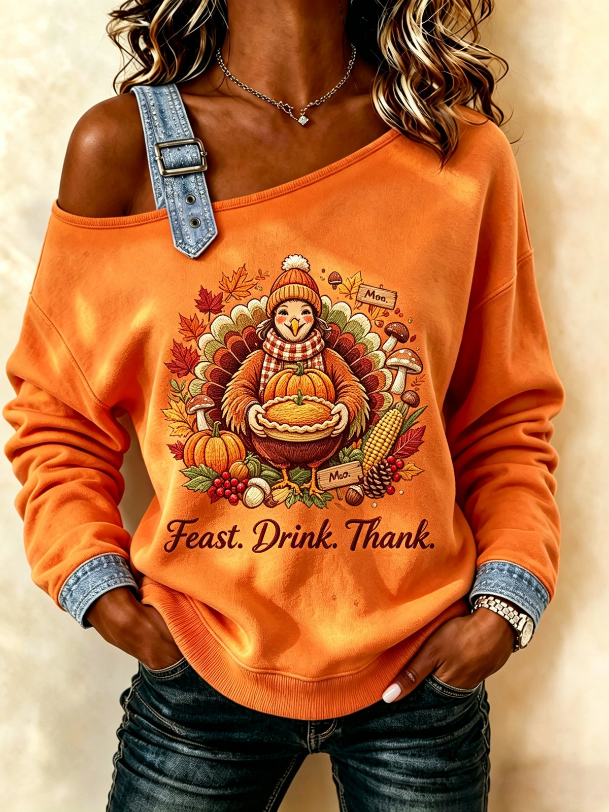 Women's Thanksgiving Turkey Feast. Drink. Thank. Casual Off-Shoulder Sweatshirt